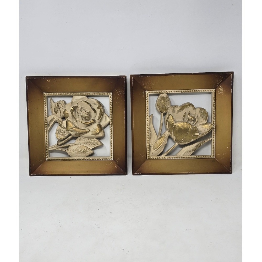 Vtg Syroco Hollywood Regency wall hanging plaques set of 2 flower mid century